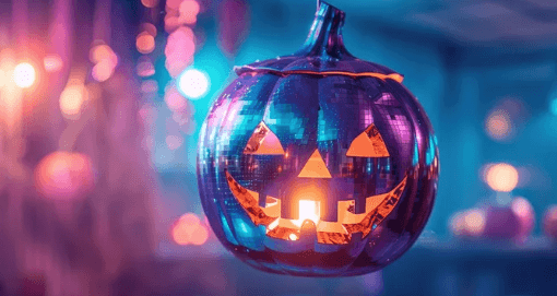 A glowing pumpkin disco ball hanging in a vibrant, neon-lit room decorated for a Halloween party. Blurred lights and spooky decorations in the background