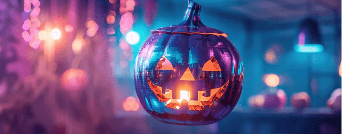 A glowing pumpkin disco ball hanging in a vibrant, neon-lit room decorated for a Halloween party. Blurred lights and spooky decorations in the background